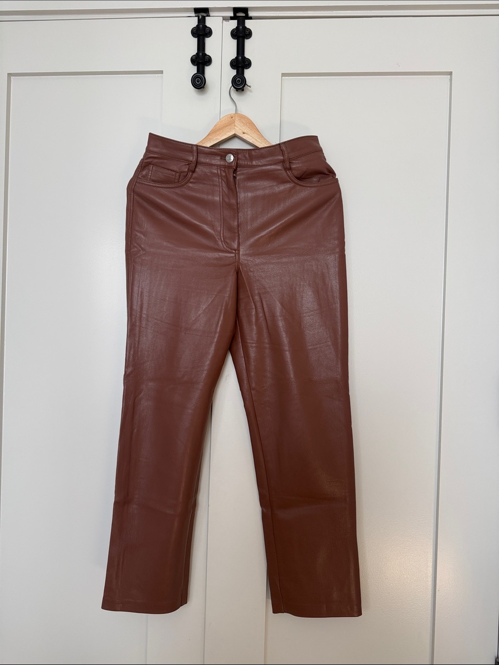 Aritzia Wilfred Faux Leather Straight-Leg Jeans in Chestnut Brown